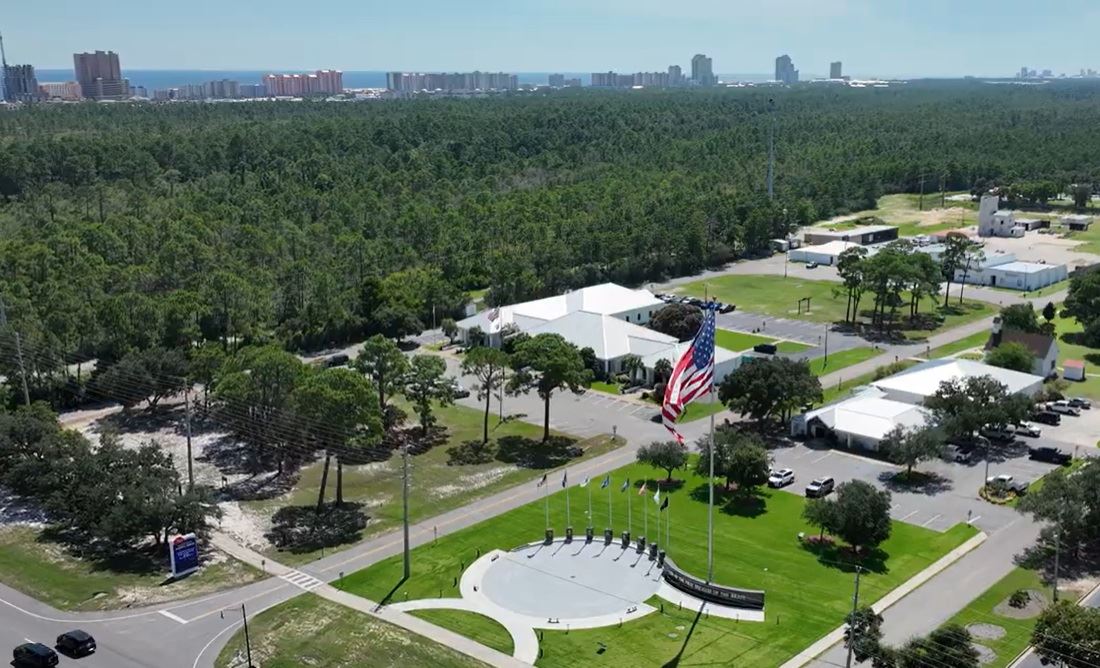 Orange Beach Veterans Memorial aerial with City Hall, August 2025