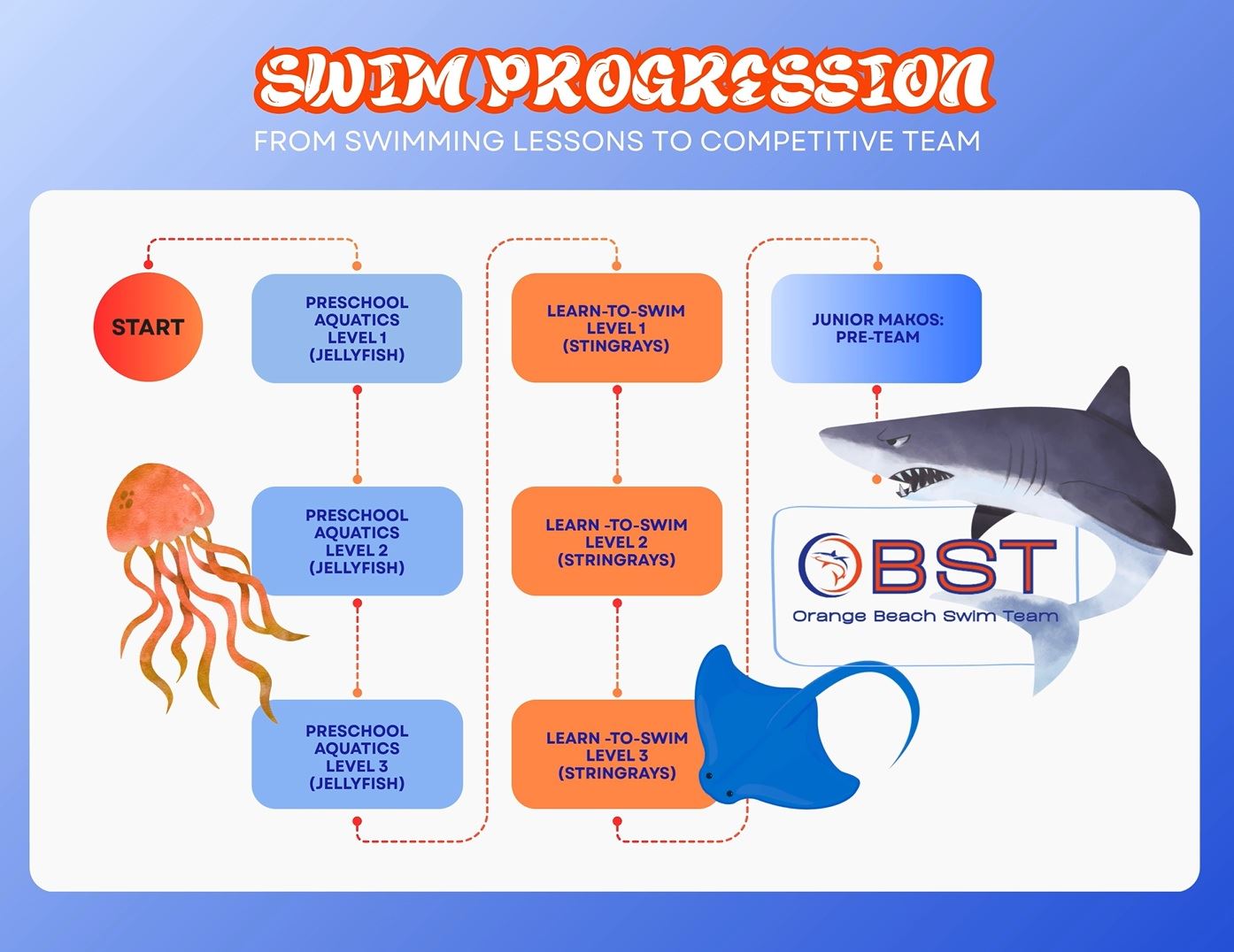 Swim Progression graphic for Orange Beach Swim Team 